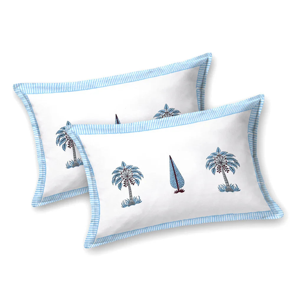 Jaipuri Cotton Double Bedsheet Set - Blue Leaf Motif (108x108 inches)