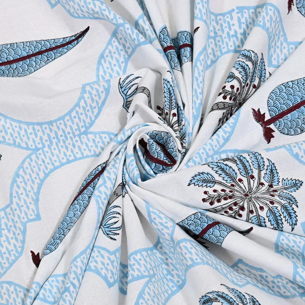 Jaipuri Cotton Double Bedsheet Set - Blue Leaf Motif (108x108 inches)