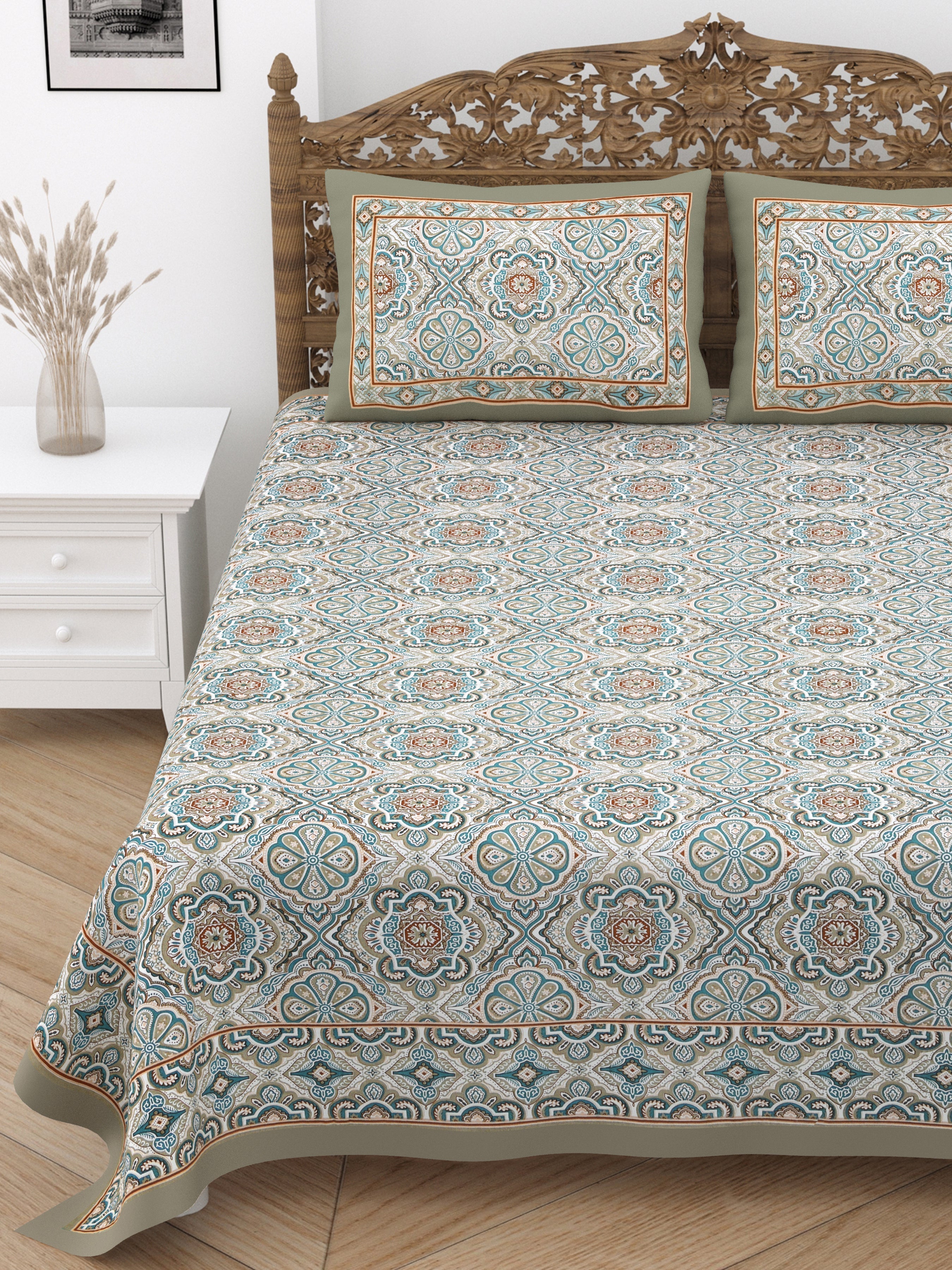 Jaipuri Cotton Double Bedsheet Set – Green & Beige Floral Mughal Print (90x108 inches)
