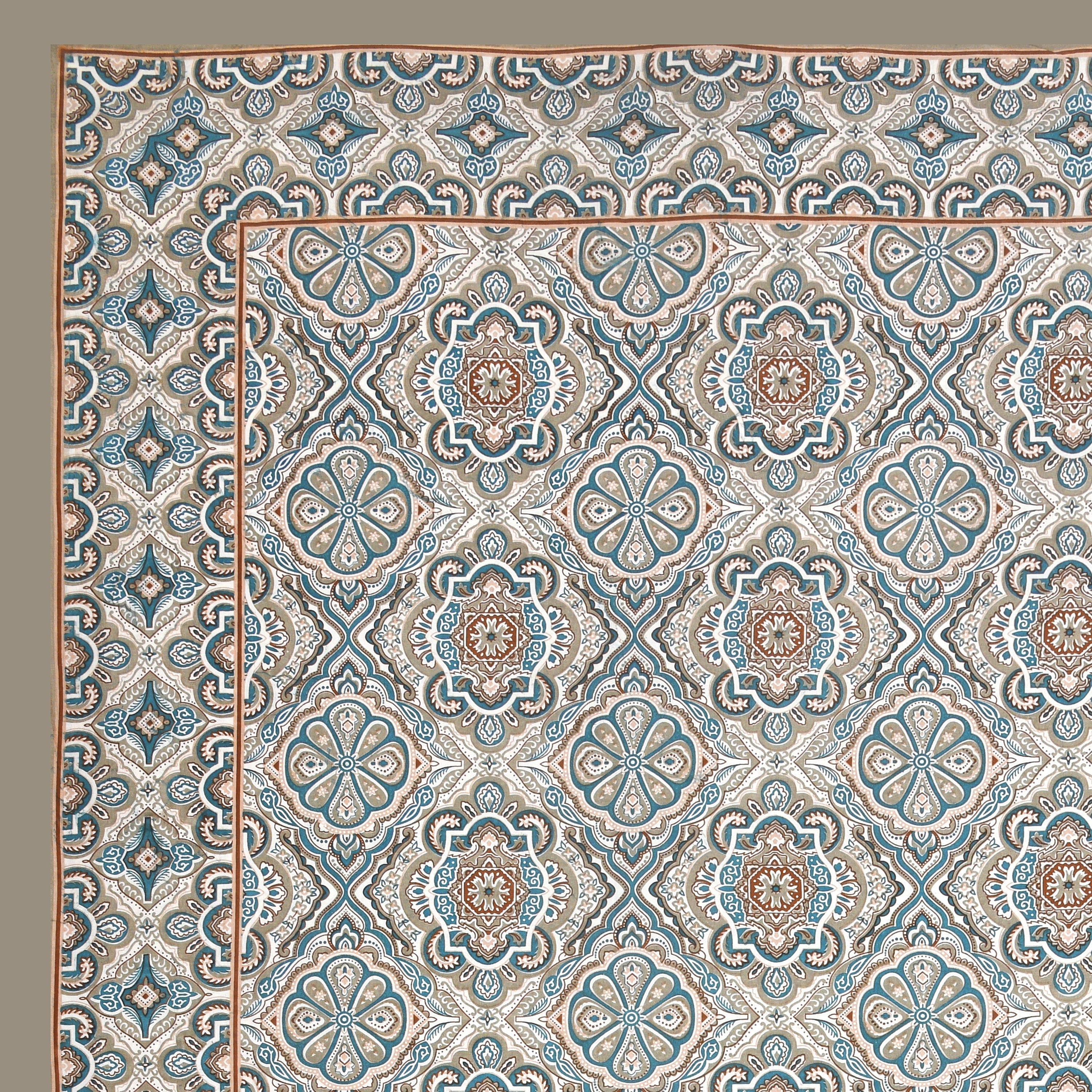 Jaipuri Cotton Double Bedsheet Set – Green & Beige Floral Mughal Print (90x108 inches)