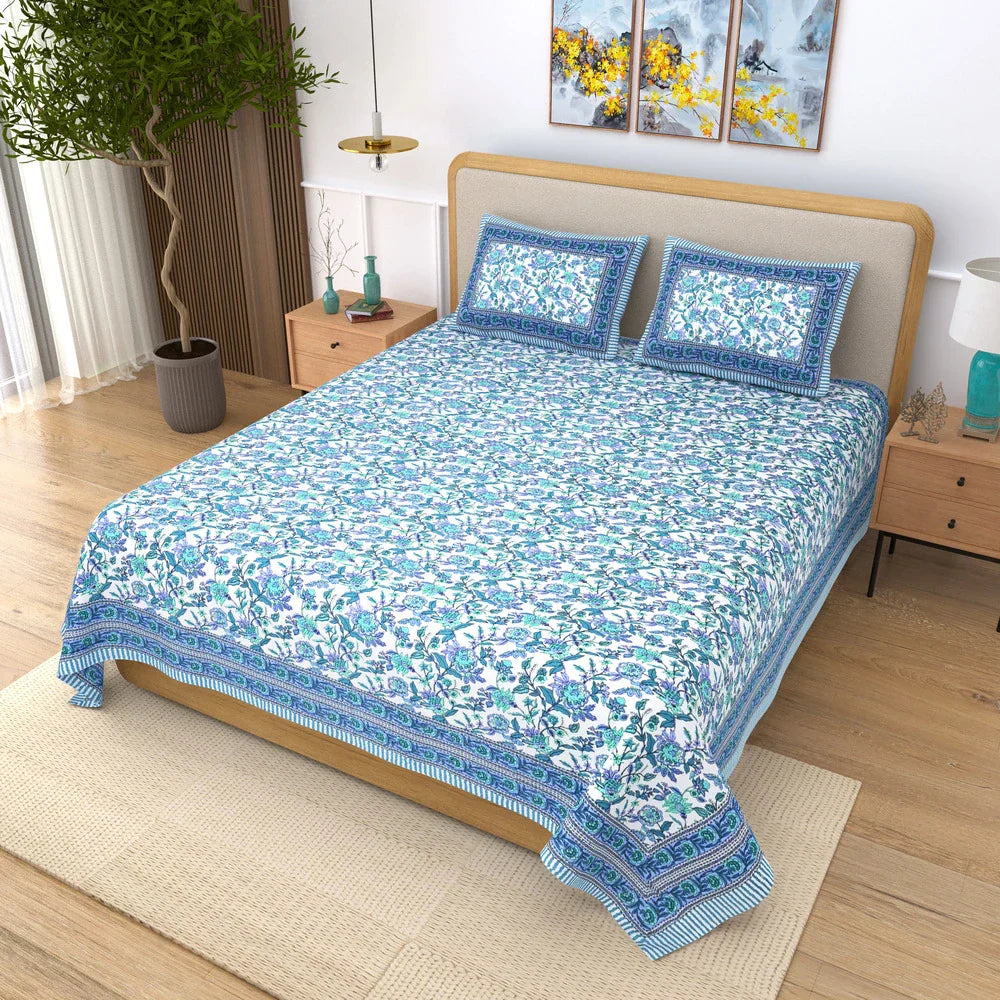 Jaipuri Cotton Double Bedsheet – Blue & Aqua Floral Vine (90x108 inches)