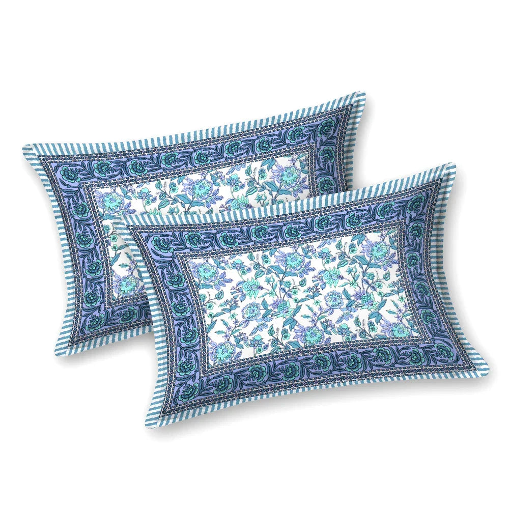 Jaipuri Cotton Double Bedsheet – Blue & Aqua Floral Vine (90x108 inche ...