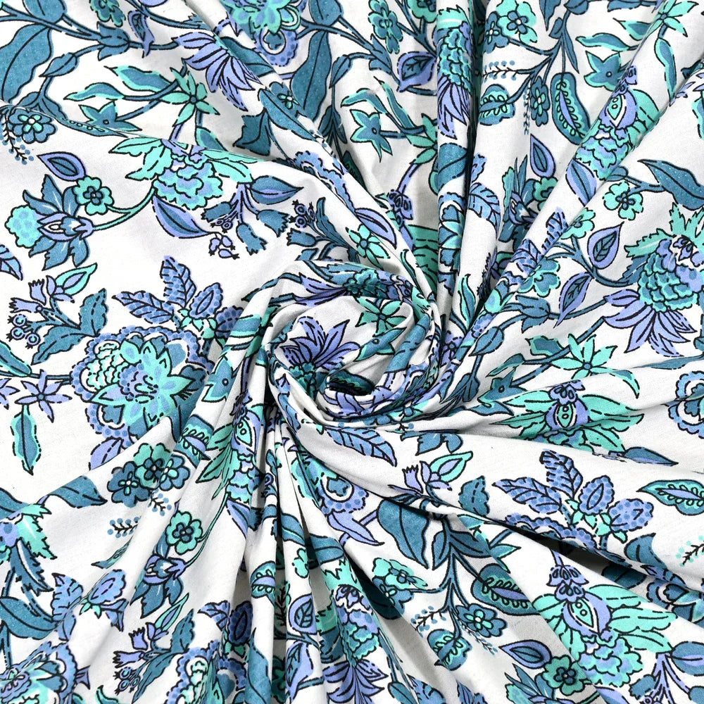 Jaipuri Cotton Double Bedsheet – Blue & Aqua Floral Vine (90x108 inches)