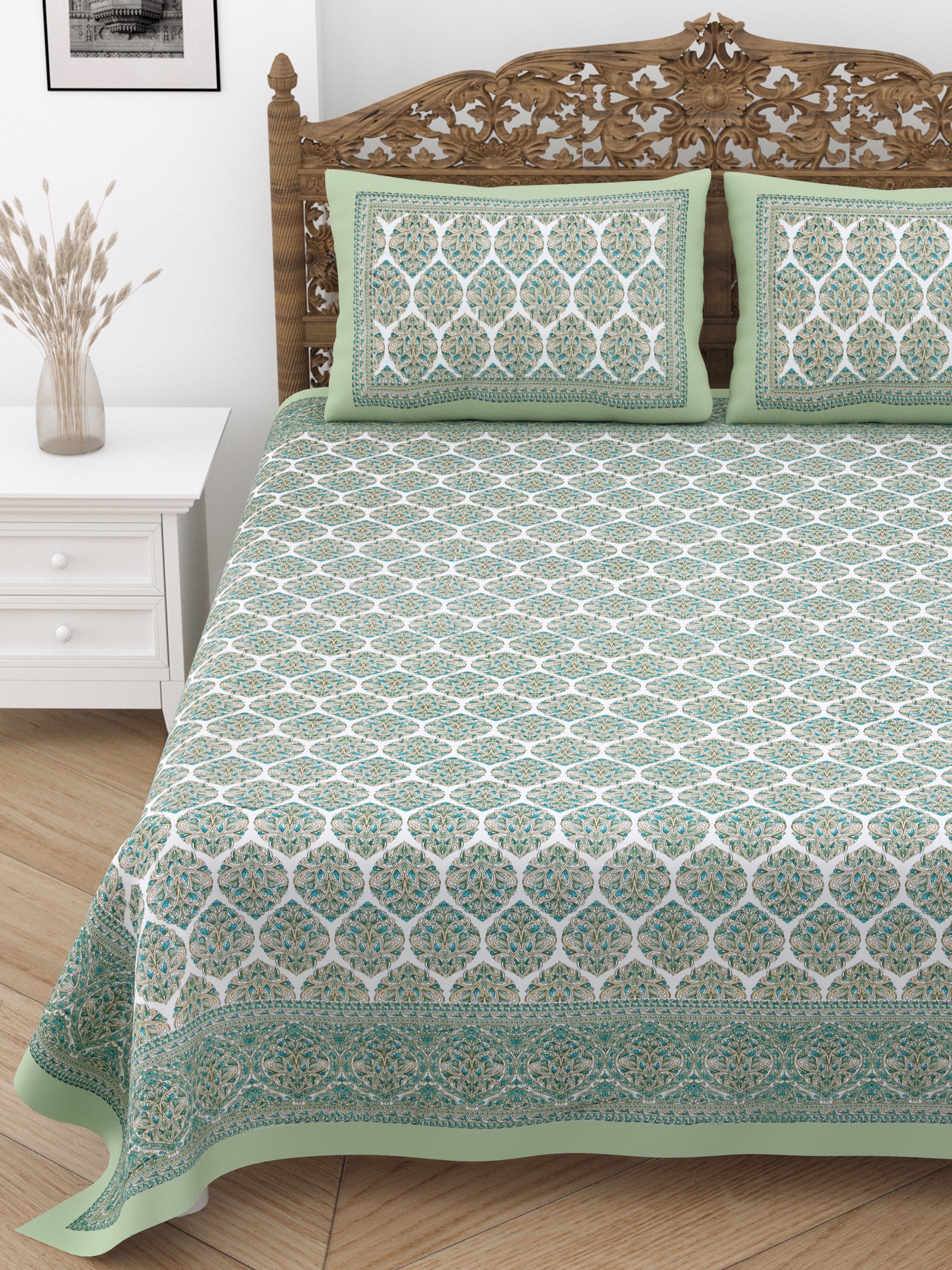 Jaipuri Cotton Double Bedsheet Set – Green & Beige Floral Print (90x108 inches)
