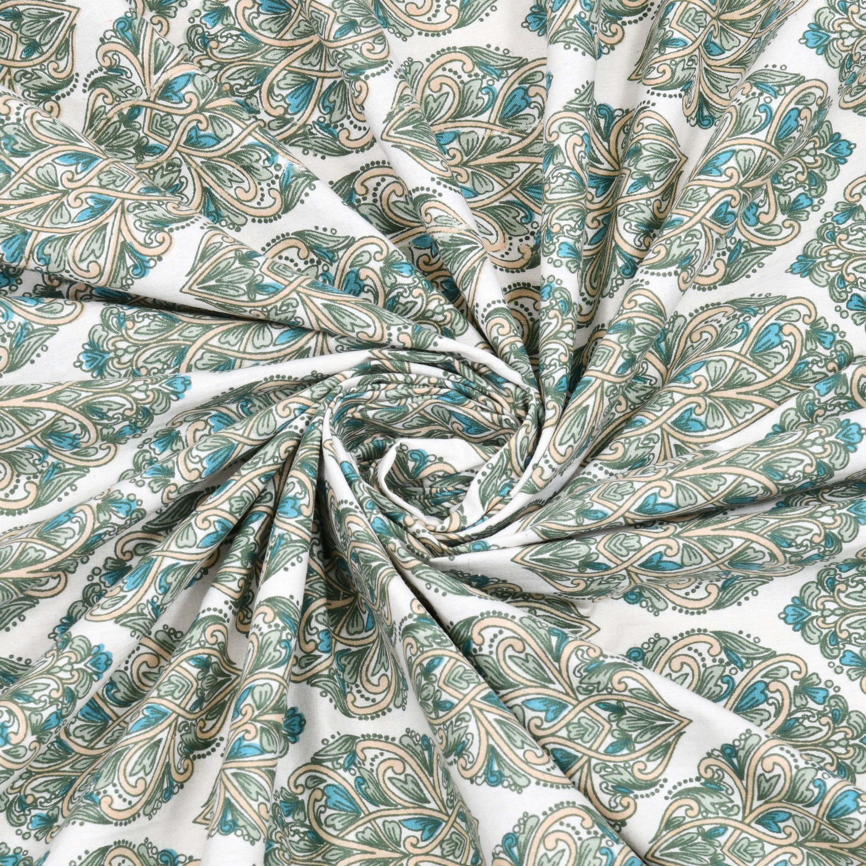 Jaipuri Cotton Double Bedsheet Set – Green & Beige Floral Print (90x108 inches)