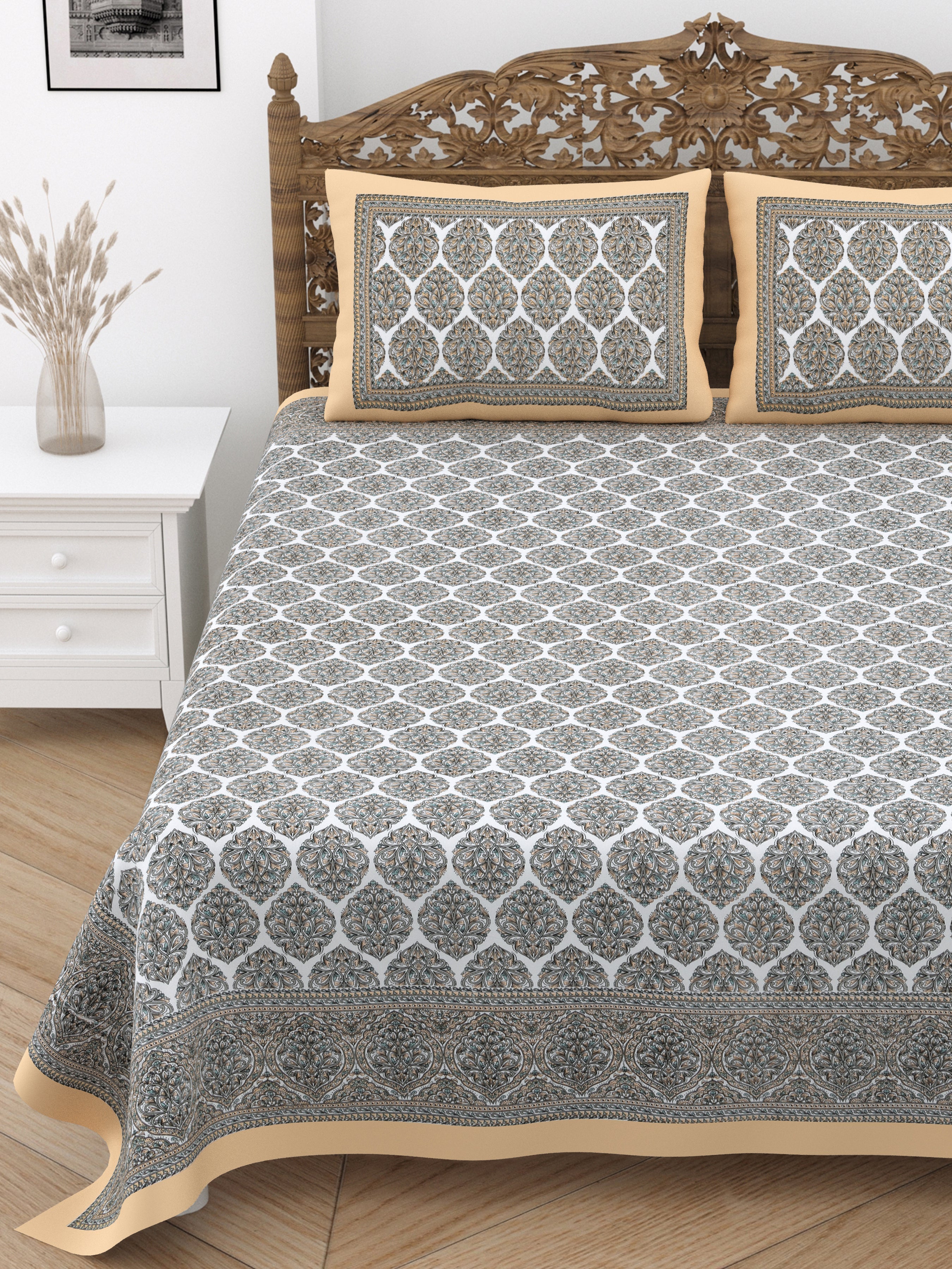 Jaipuri Cotton Double Bedsheet Set –  Grey & Beige Floral Print (90x108 inches)