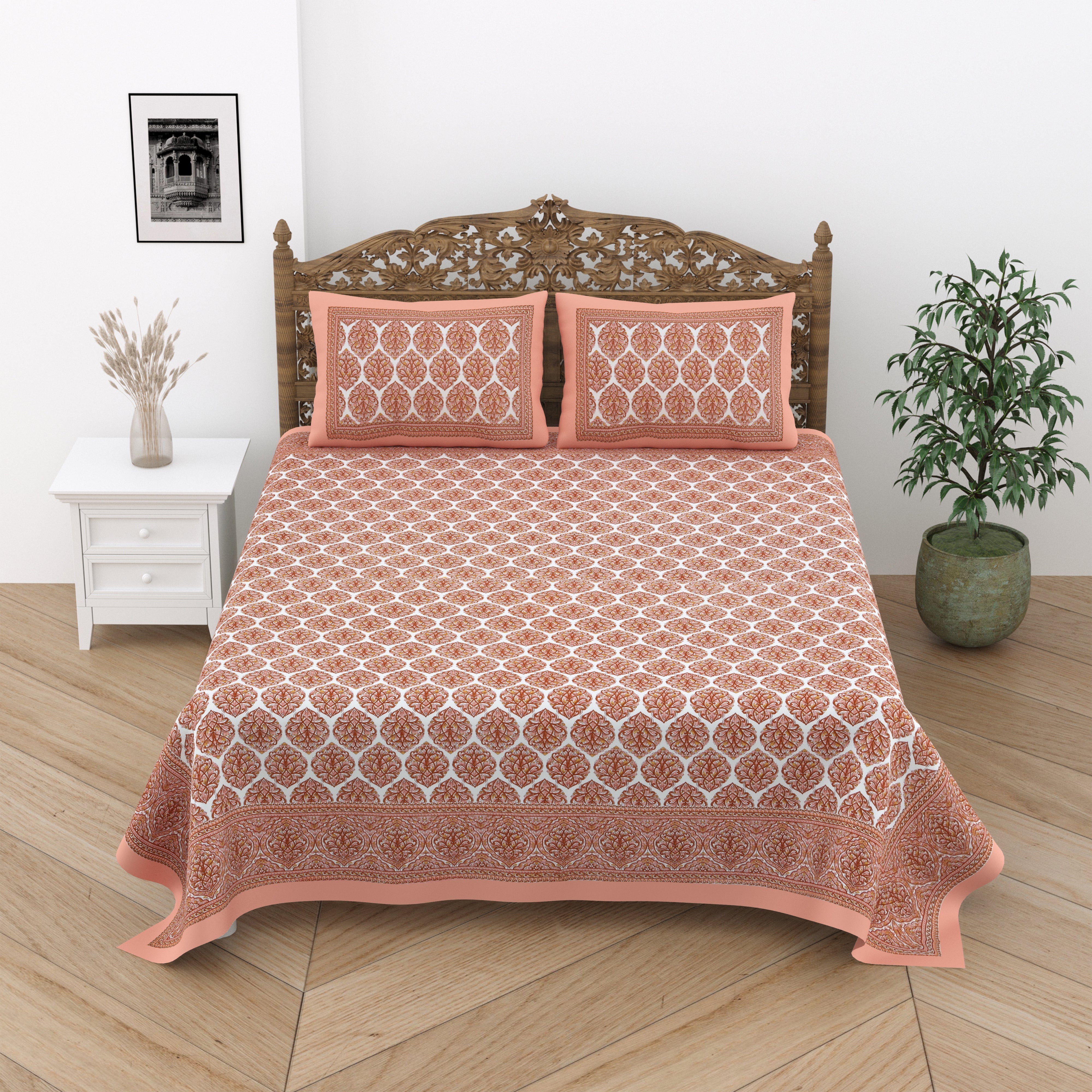 Jaipuri Cotton Double Bedsheet Set – Rust & White Floral Print (90x108 inches)