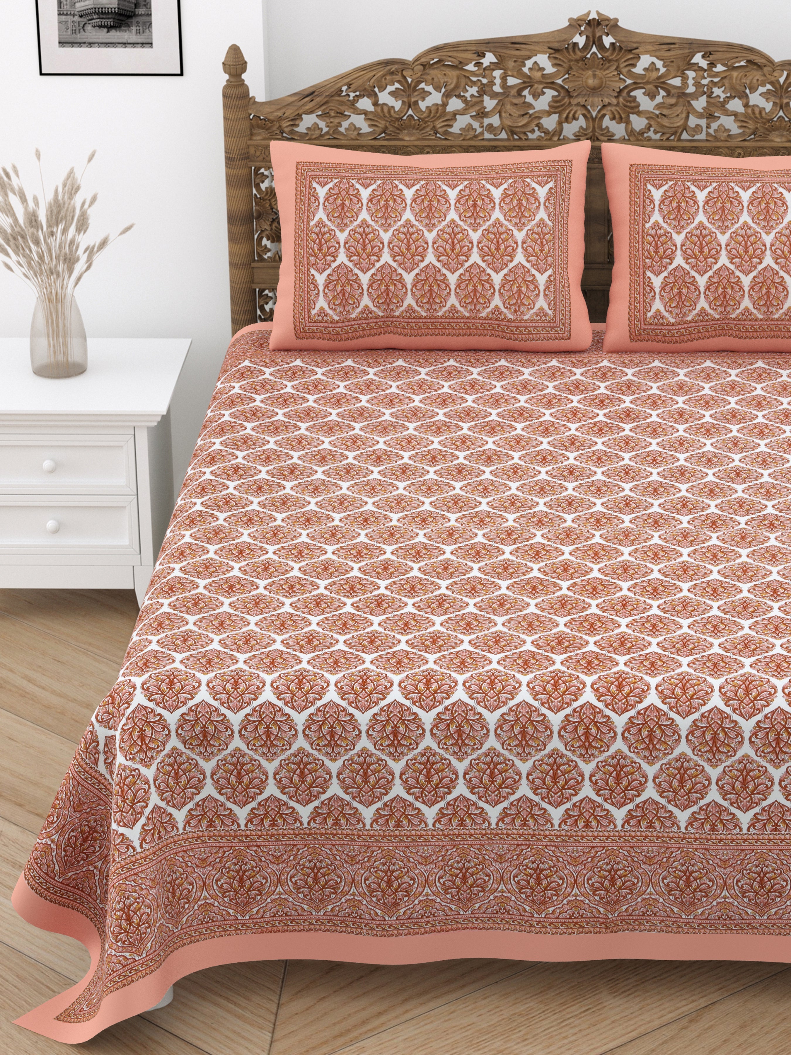 Jaipuri Cotton Double Bedsheet Set – Rust & White Floral Print (90x108 inches)