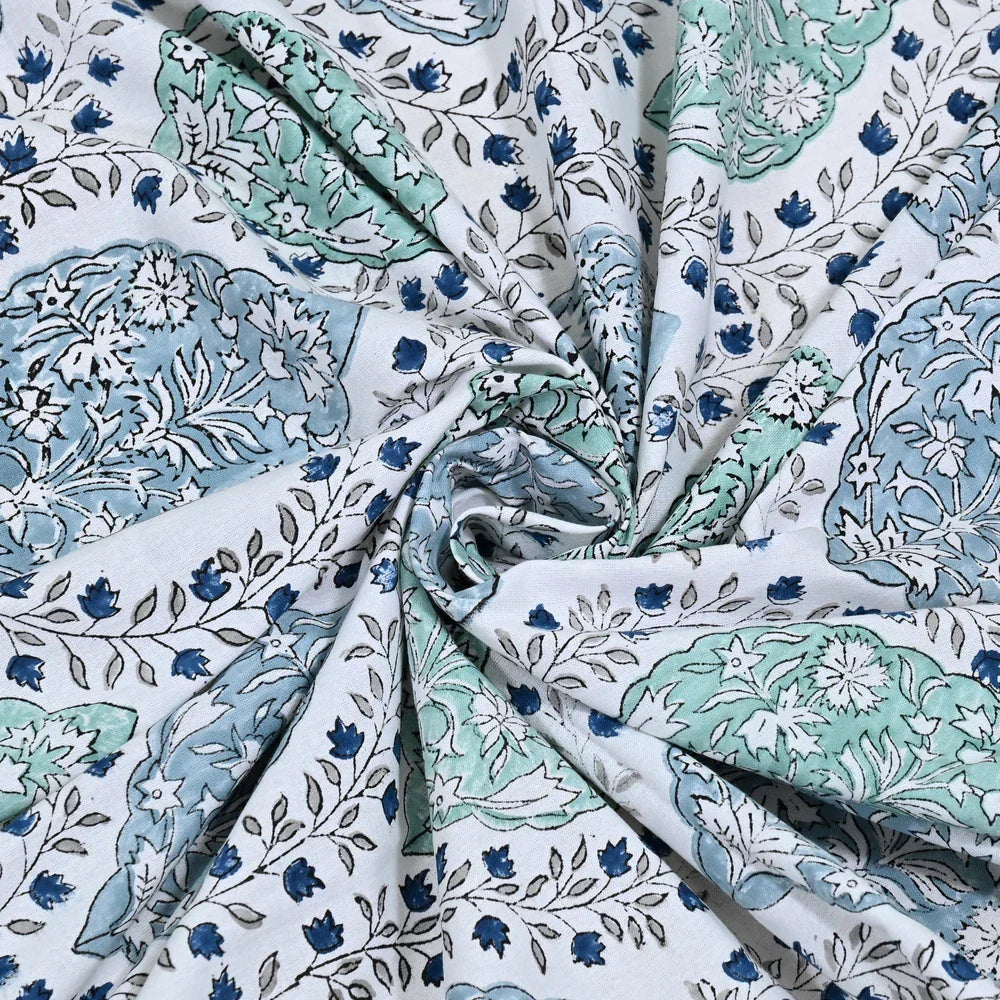 Jaipuri Cotton Double Bedsheet Set - Blue Mughal Jaal (108x108 inches)