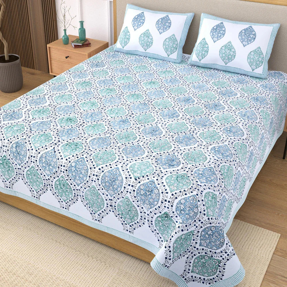 Jaipuri Cotton Double Bedsheet Set - Blue Mughal Jaal (108x108 inches)