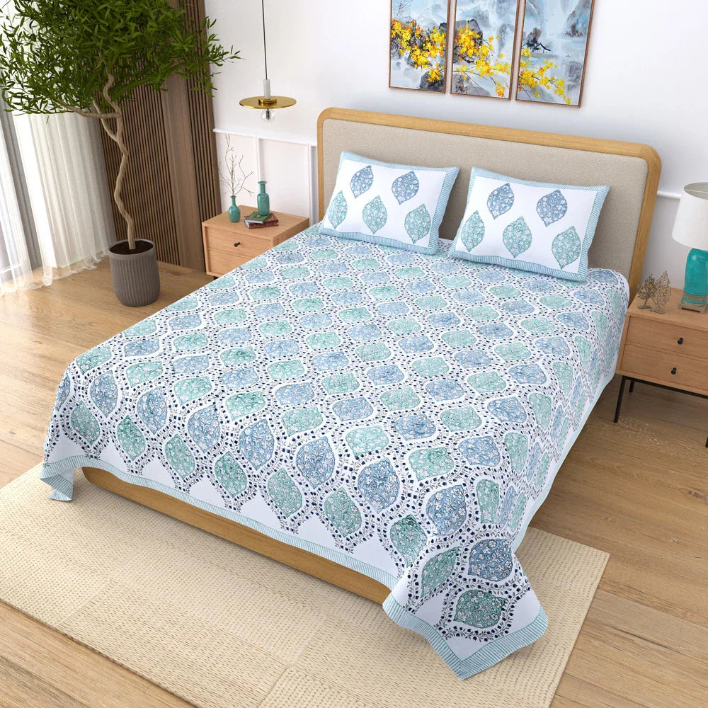 Jaipuri Cotton Double Bedsheet Set - Blue Mughal Jaal (108x108 inches)