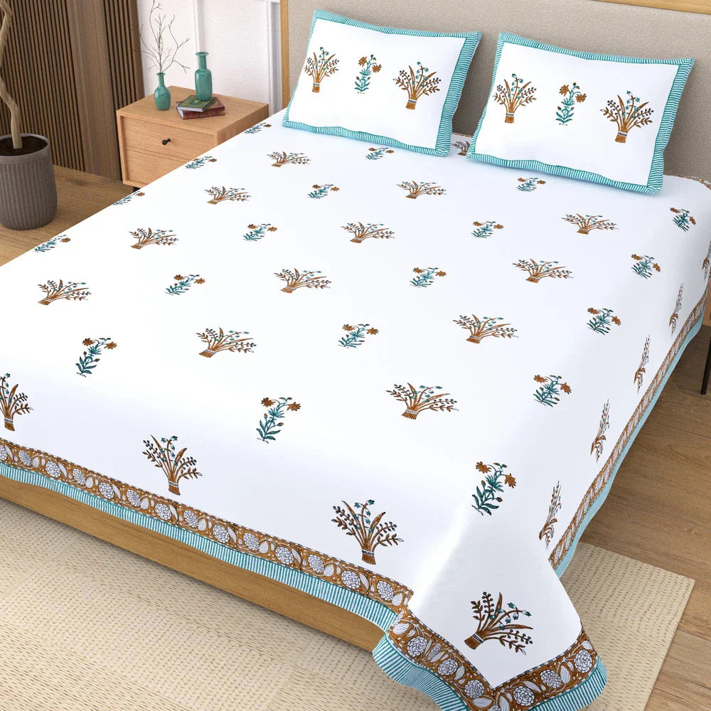 Jaipuri Cotton Double Bedsheet Set - Yellow Floral (108x108 inches)