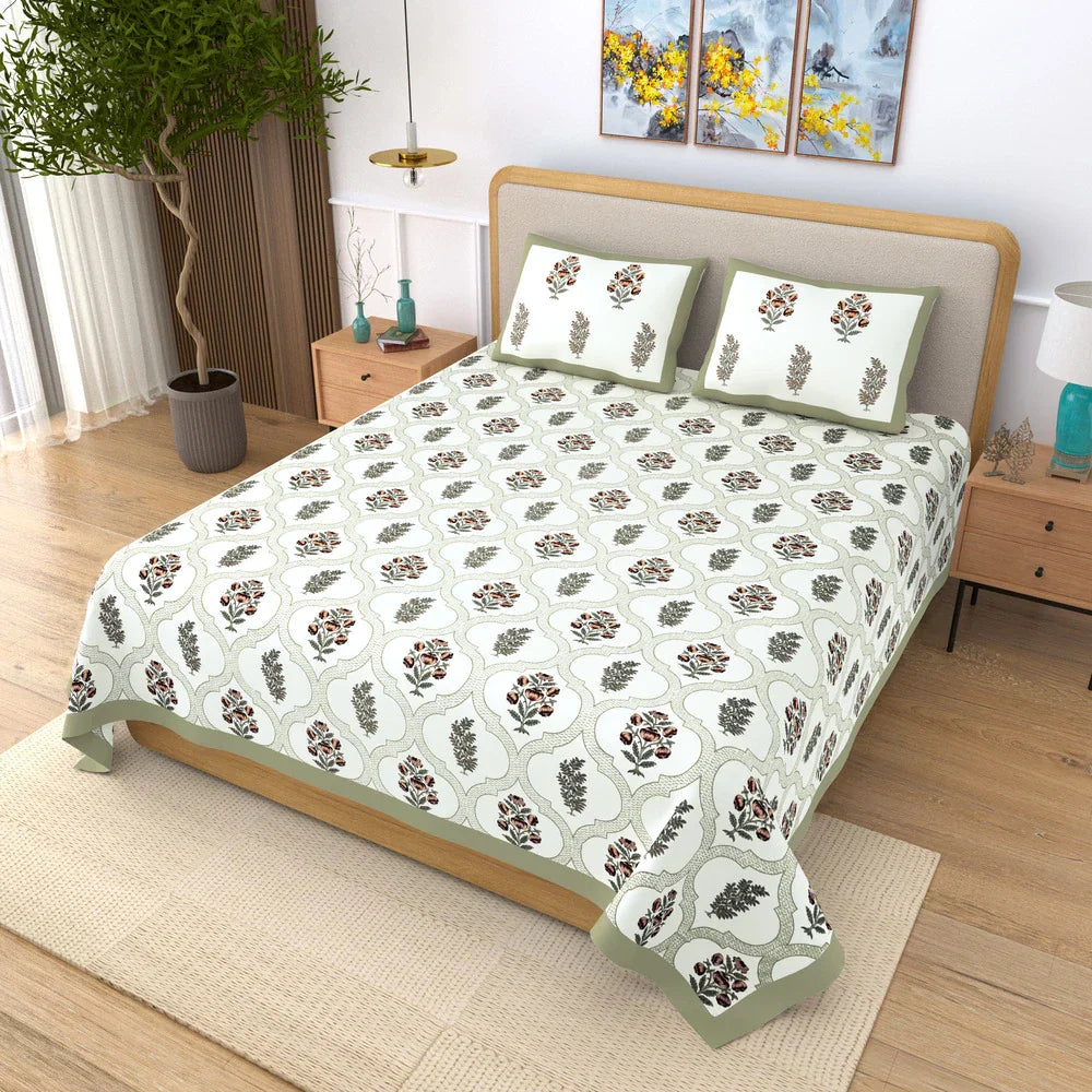 Jaipuri Cotton Double Bedsheet Set - Green Mughal Jaal (90x108 inches)