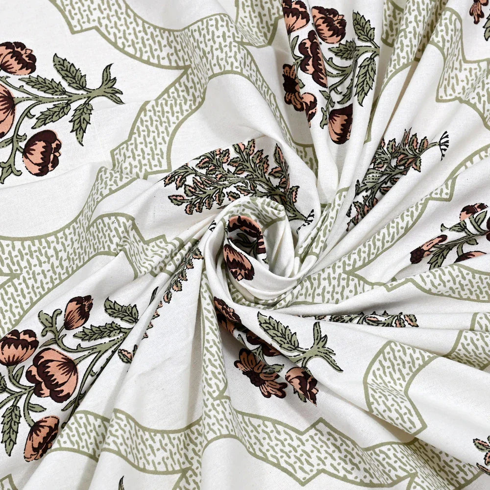 Jaipuri Cotton Double Bedsheet Set - Green Mughal Jaal (90x108 inches)