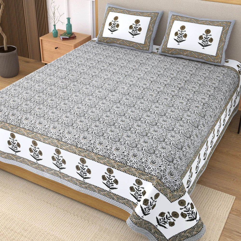 Jaipuri Cotton Double Bedsheet Set - Yellow Floral Jaal (108x108 inches)