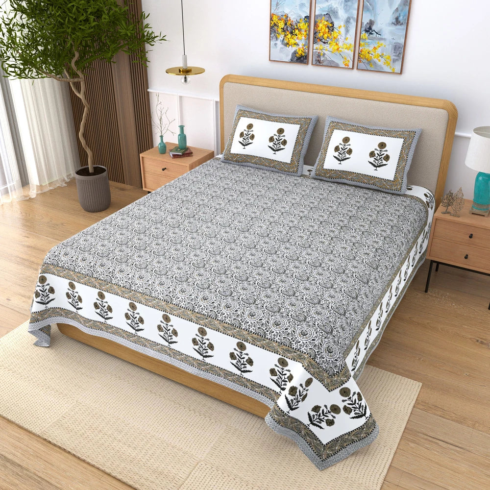 Jaipuri Cotton Double Bedsheet Set - Yellow Floral Jaal (108x108 inches)