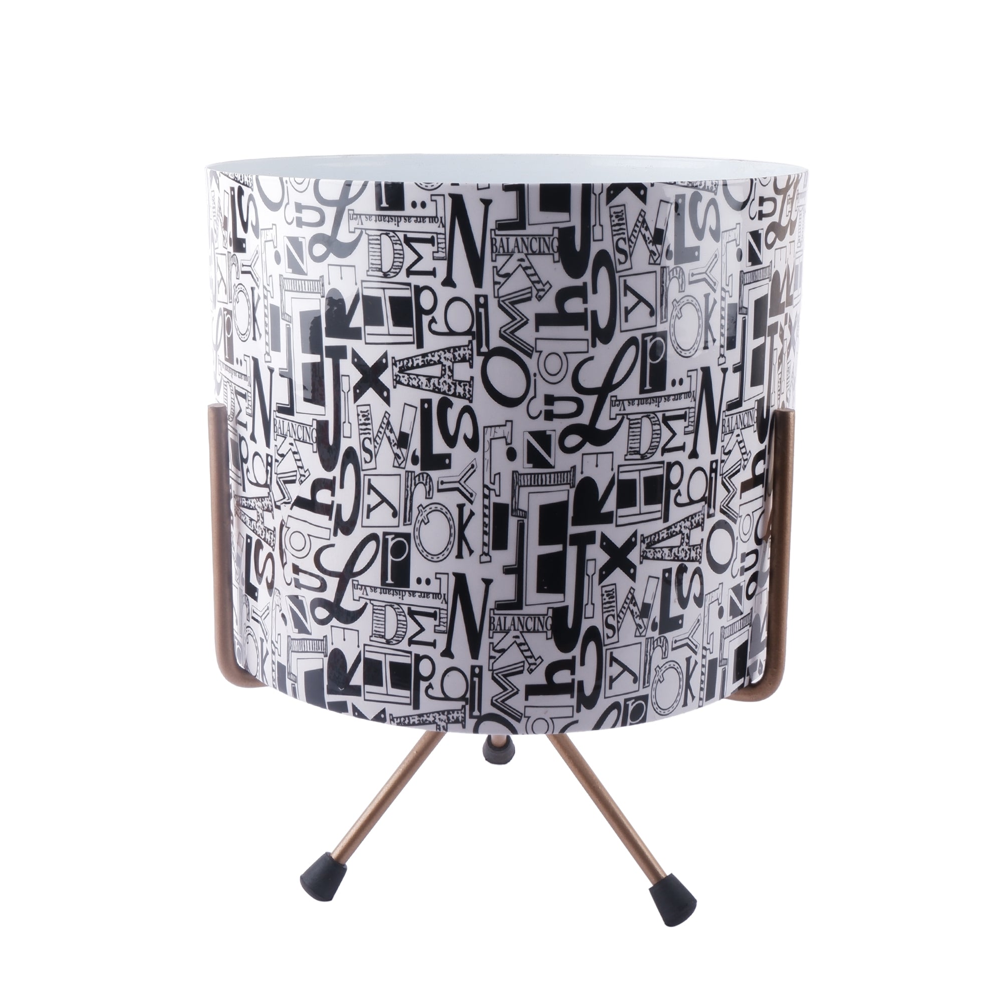 Designer metal flower pot with modern print and tripod legs for stylish indoor gardening