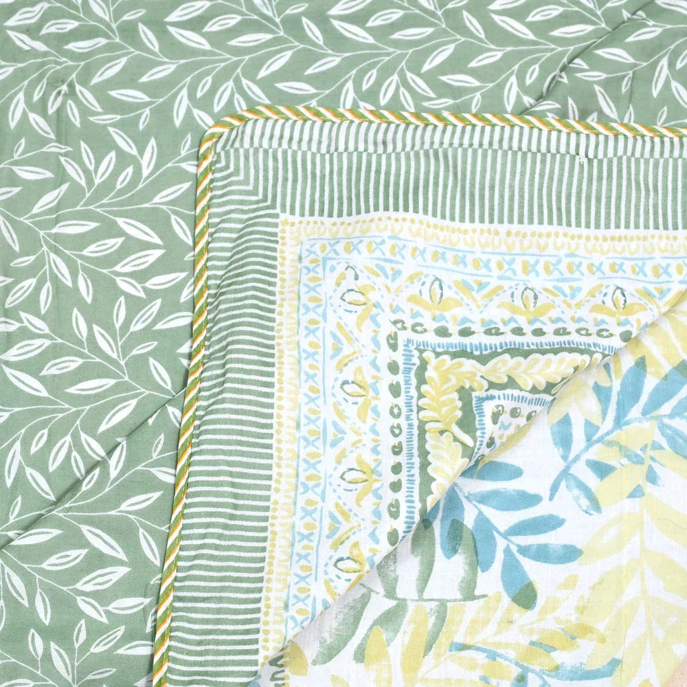 All Season Jaipuri AC Blanket | 100% Cotton | Block Print | Double Bed - Blue & Green Patta (90X108 inches)