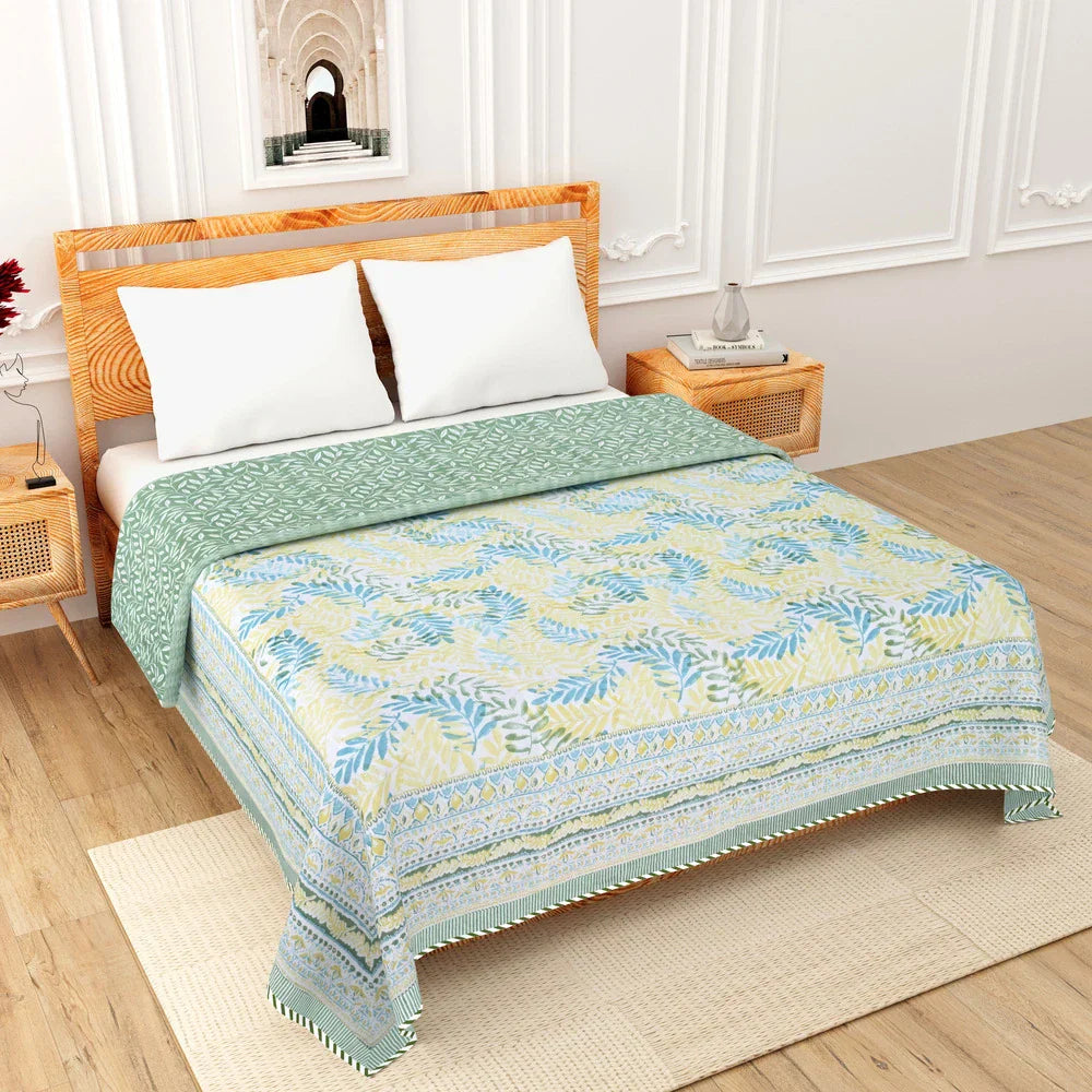 All Season Jaipuri AC Blanket | 100% Cotton | Block Print | Double Bed - Blue & Green Patta (90X108 inches)
