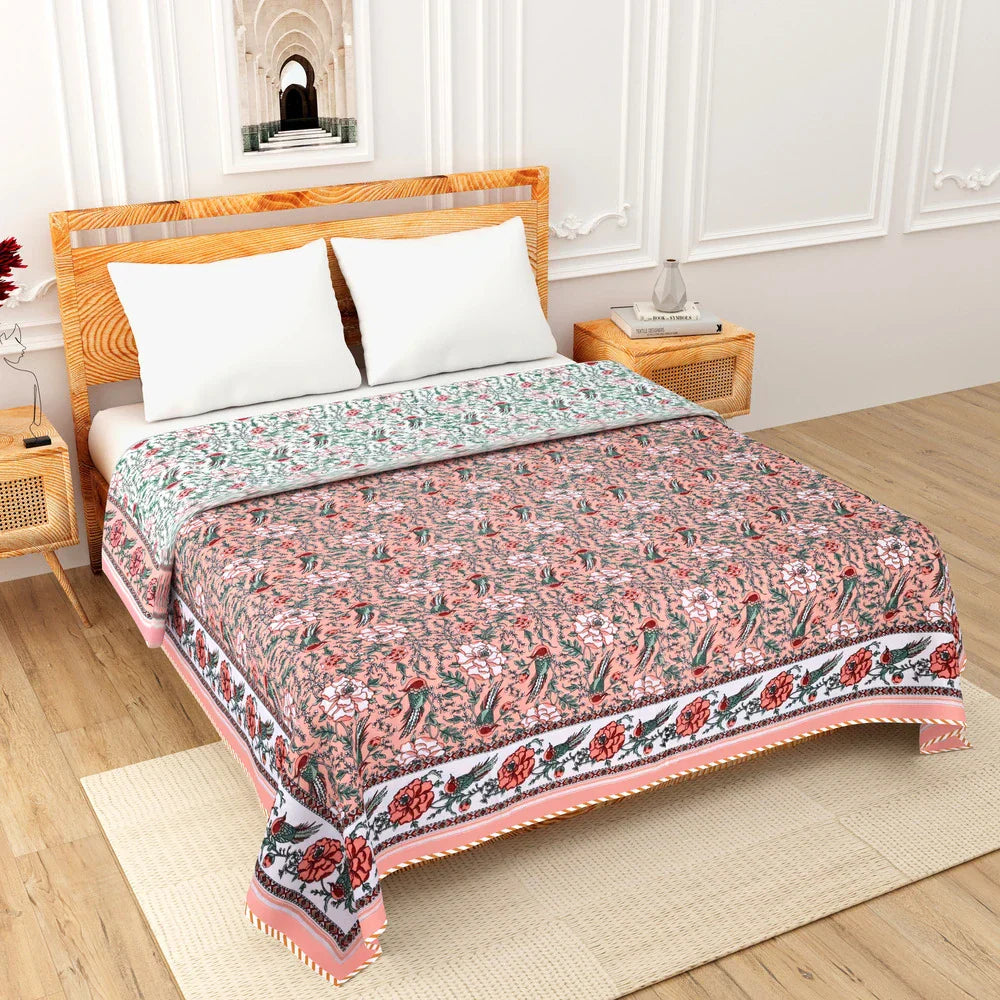 All Season Jaipuri AC Blanket | 100% Cotton | Block Print | Double Bed - Gulab Vatika (90X108 inches)