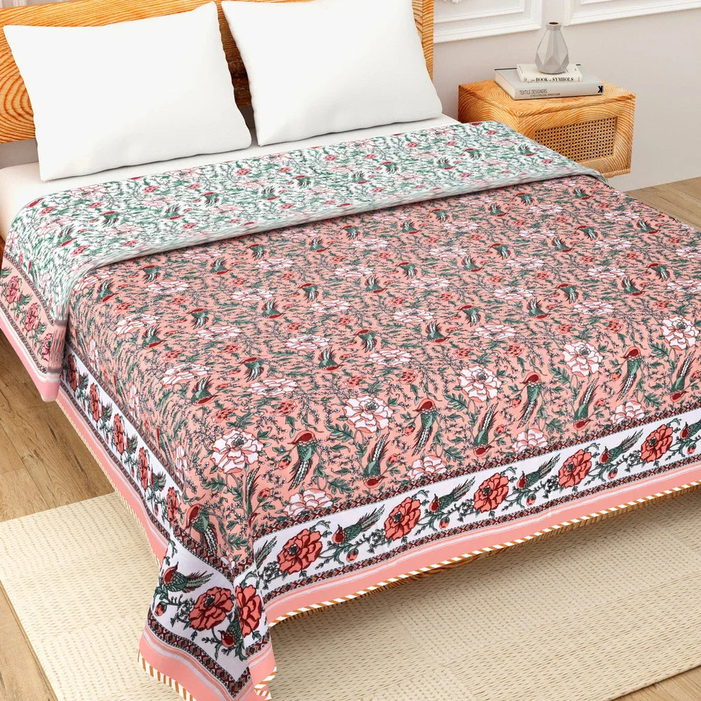 All Season Jaipuri AC Blanket | 100% Cotton | Block Print | Double Bed - Gulab Vatika (90X108 inches)