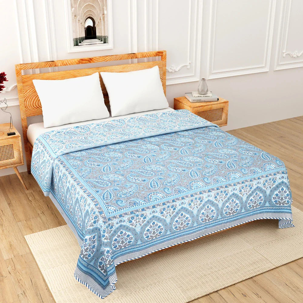 All Season Jaipuri AC Blanket | 100% Cotton | Block Print | Double Bed - Blue Sanganeri (90X108 inches)