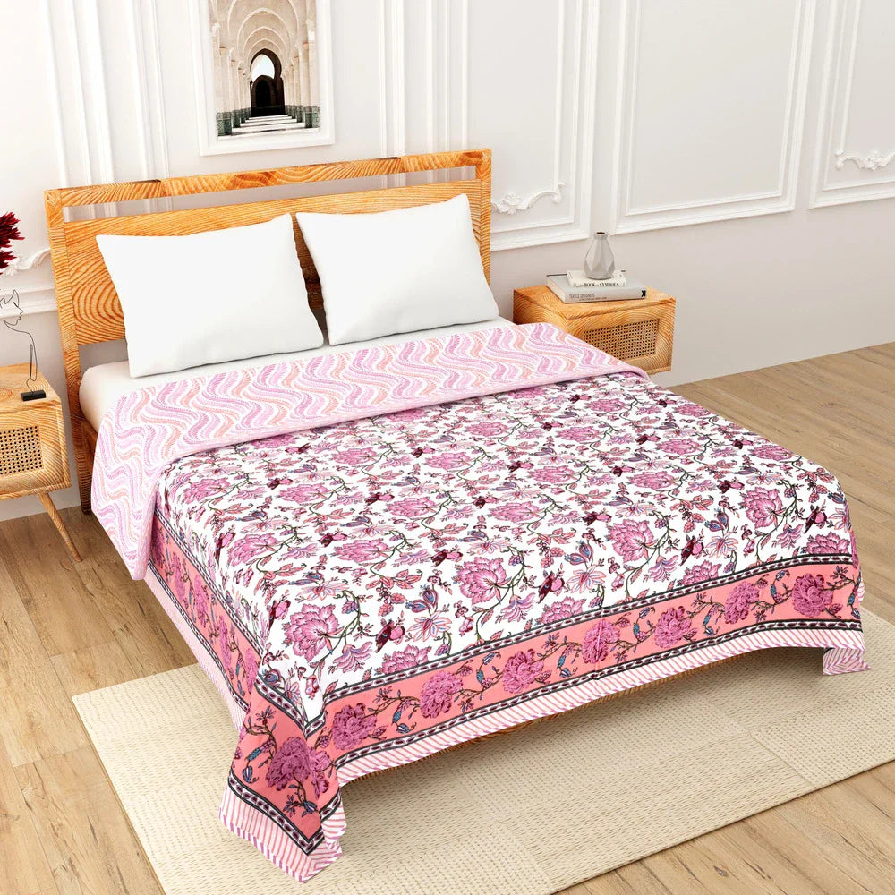 All Season Jaipuri AC Blanket | 100% Cotton | Block Print | Double Bed - Birds & Gulab Motif (90X108 inches)