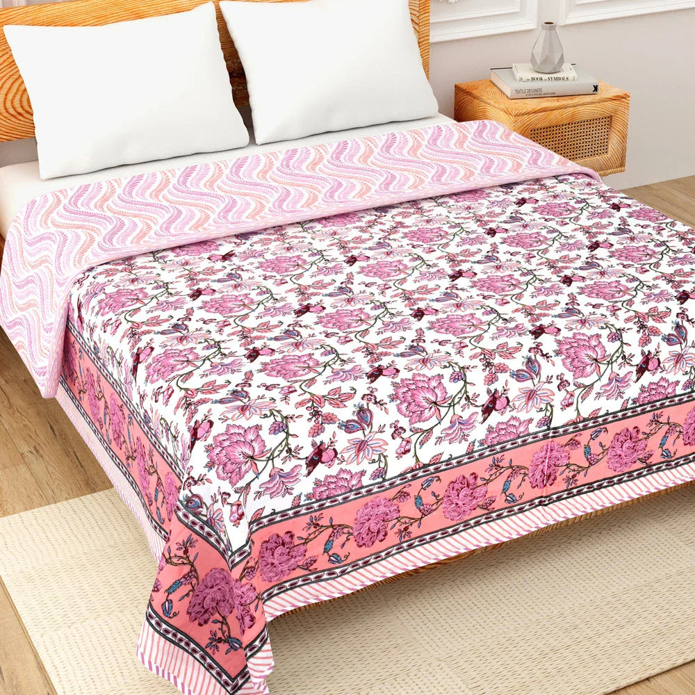 All Season Jaipuri AC Blanket | 100% Cotton | Block Print | Double Bed - Birds & Gulab Motif (90X108 inches)