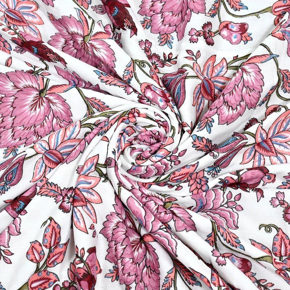 All Season Jaipuri AC Blanket | 100% Cotton | Block Print | Double Bed - Birds & Gulab Motif (90X108 inches)