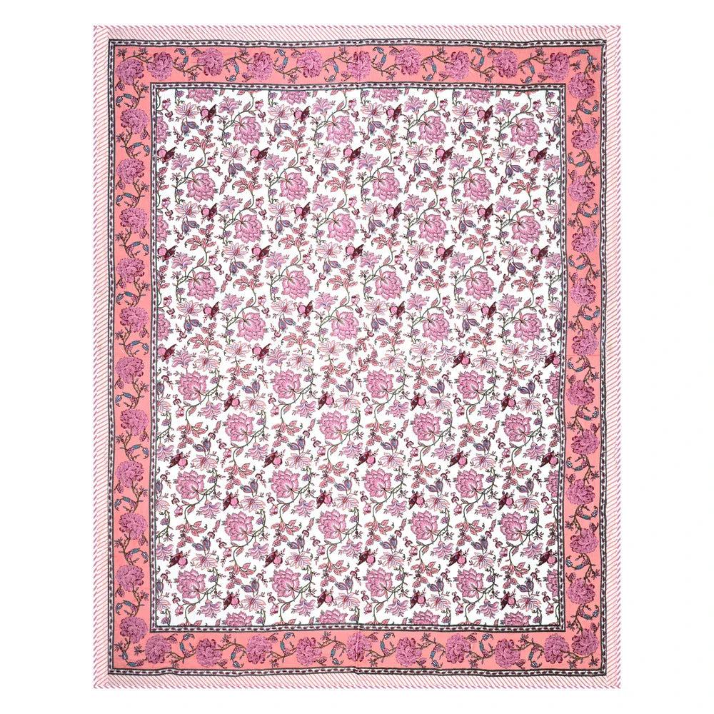 All Season Jaipuri AC Blanket | 100% Cotton | Block Print | Double Bed - Birds & Gulab Motif (90X108 inches)