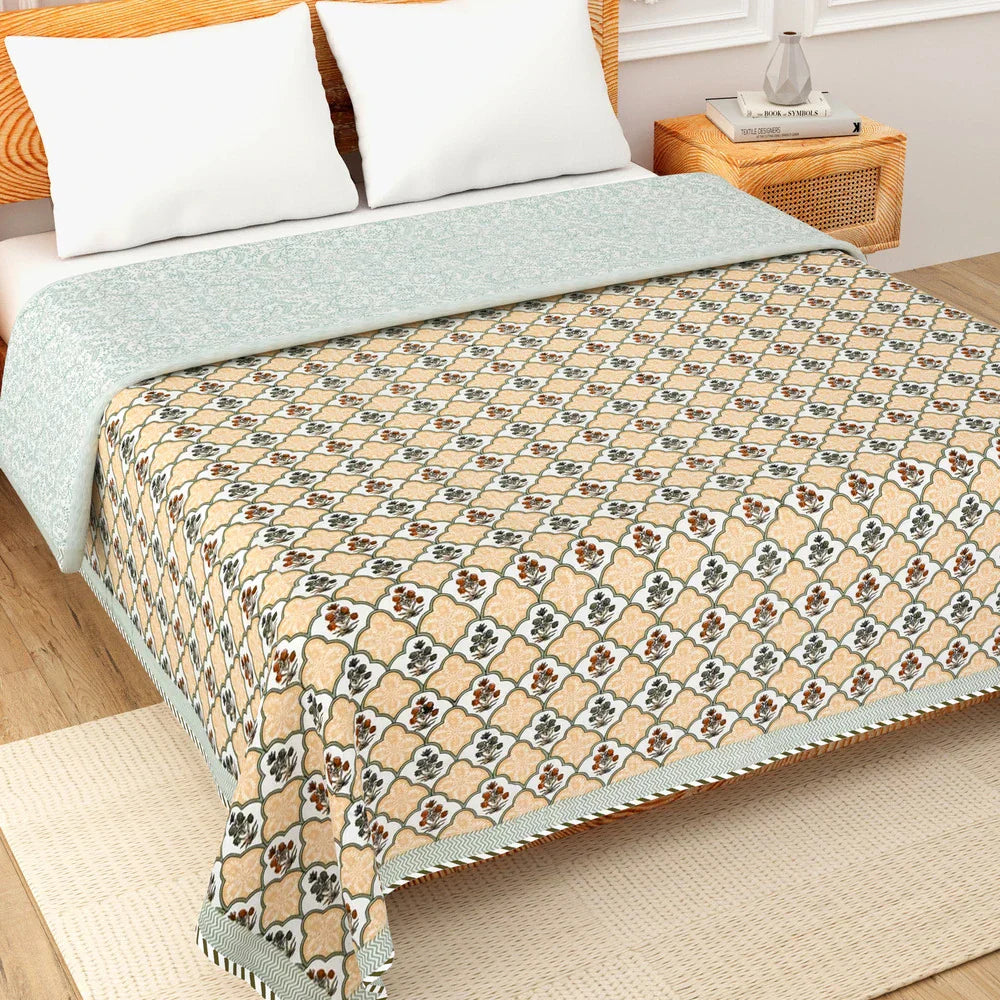 All Season Jaipuri AC Blanket | 100% Cotton | Block Print | Double Bed - Mughal Floral Jaal (90X108 inches)