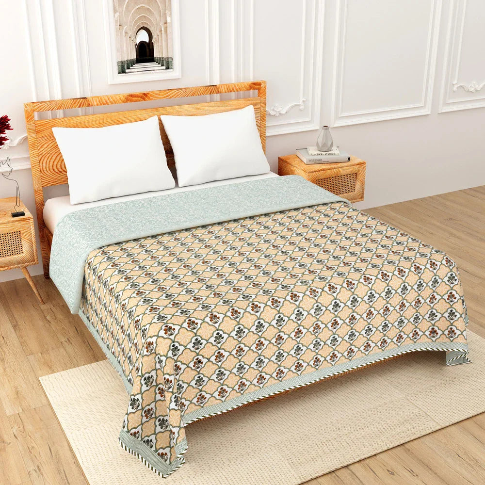 All Season Jaipuri AC Blanket | 100% Cotton | Block Print | Double Bed - Mughal Floral Jaal (90X108 inches)