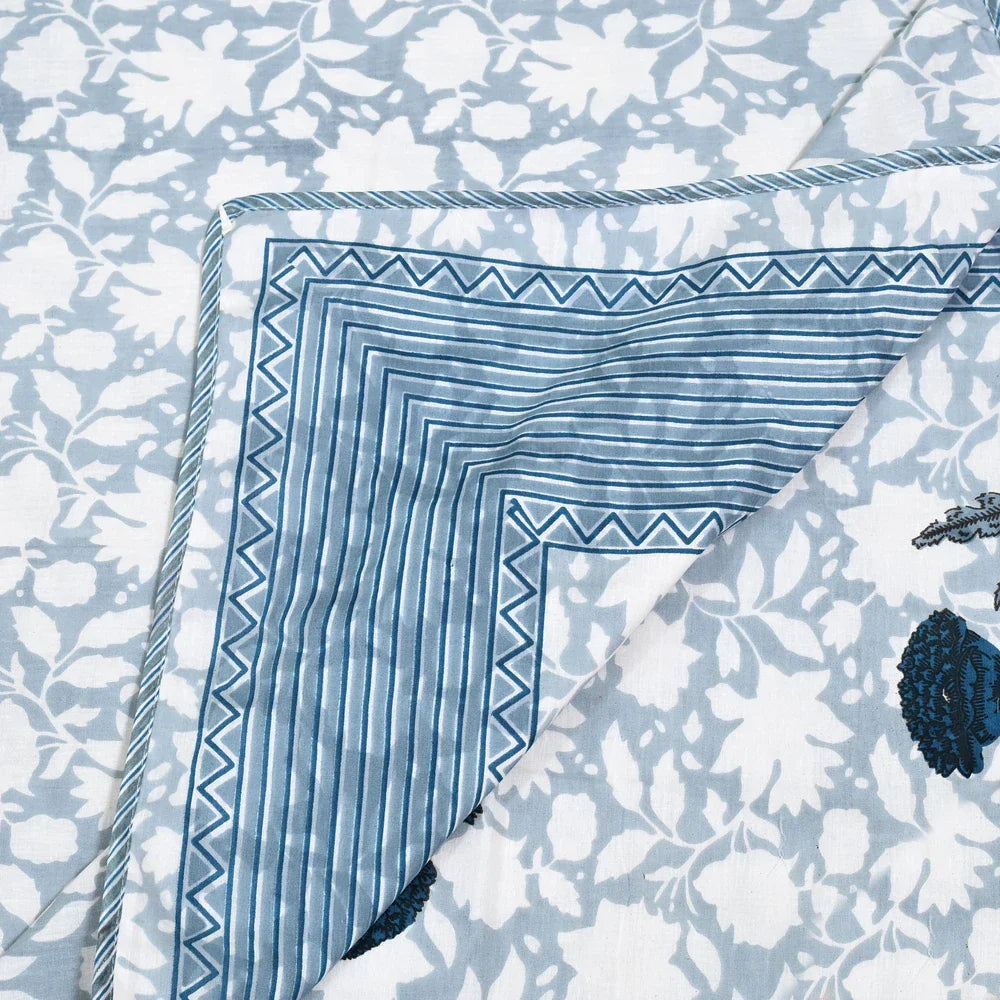 All Season Jaipuri Blanket | 100% Cotton | Block Print | Single Bed  – Blue Floral Buta (63X90 Inches)