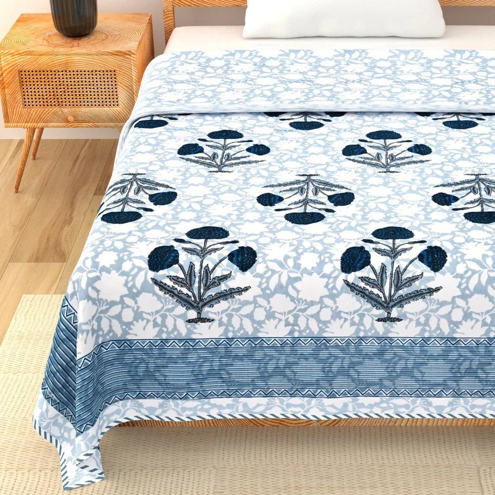 All Season Jaipuri Blanket | 100% Cotton | Block Print | Single Bed  – Blue Floral Buta (63X90 Inches)