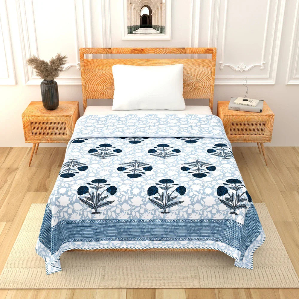 All Season Jaipuri Blanket | 100% Cotton | Block Print | Single Bed  – Blue Floral Buta (63X90 Inches)