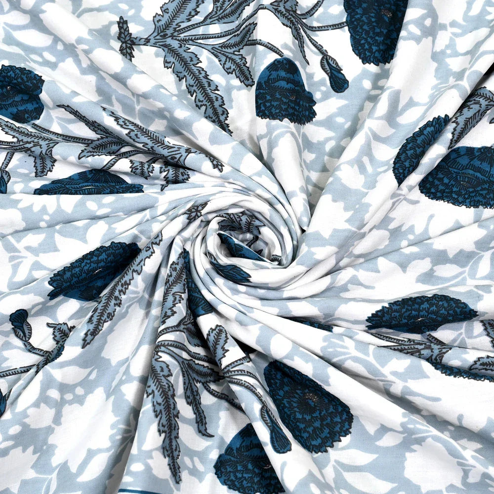 All Season Jaipuri Blanket | 100% Cotton | Block Print | Single Bed  – Blue Floral Buta (63X90 Inches)