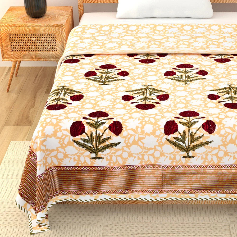 All Season Jaipuri Blanket | 100% Cotton | Block Print | Single Bed – Mughal Floral Buta (63X90 Inches)