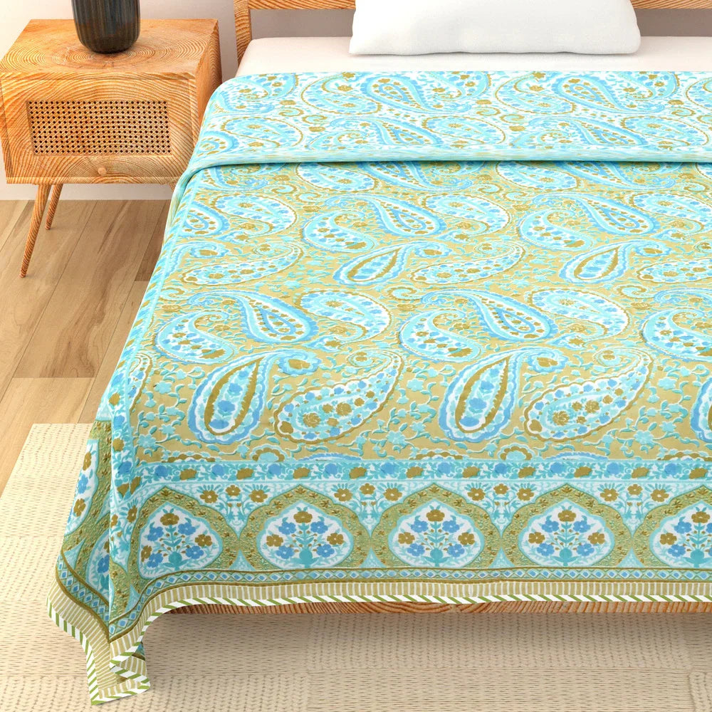 All Season Jaipuri Blanket | 100% Cotton | Block Print | Single Bed  –  Mughal Jaal Yellow (63X90 Inches)