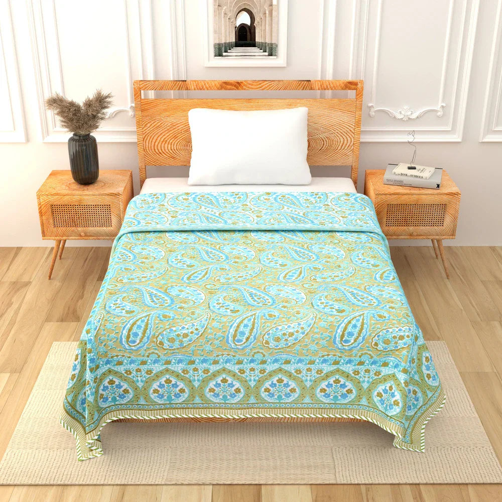 All Season Jaipuri Blanket | 100% Cotton | Block Print | Single Bed  –  Mughal Jaal Yellow (63X90 Inches)