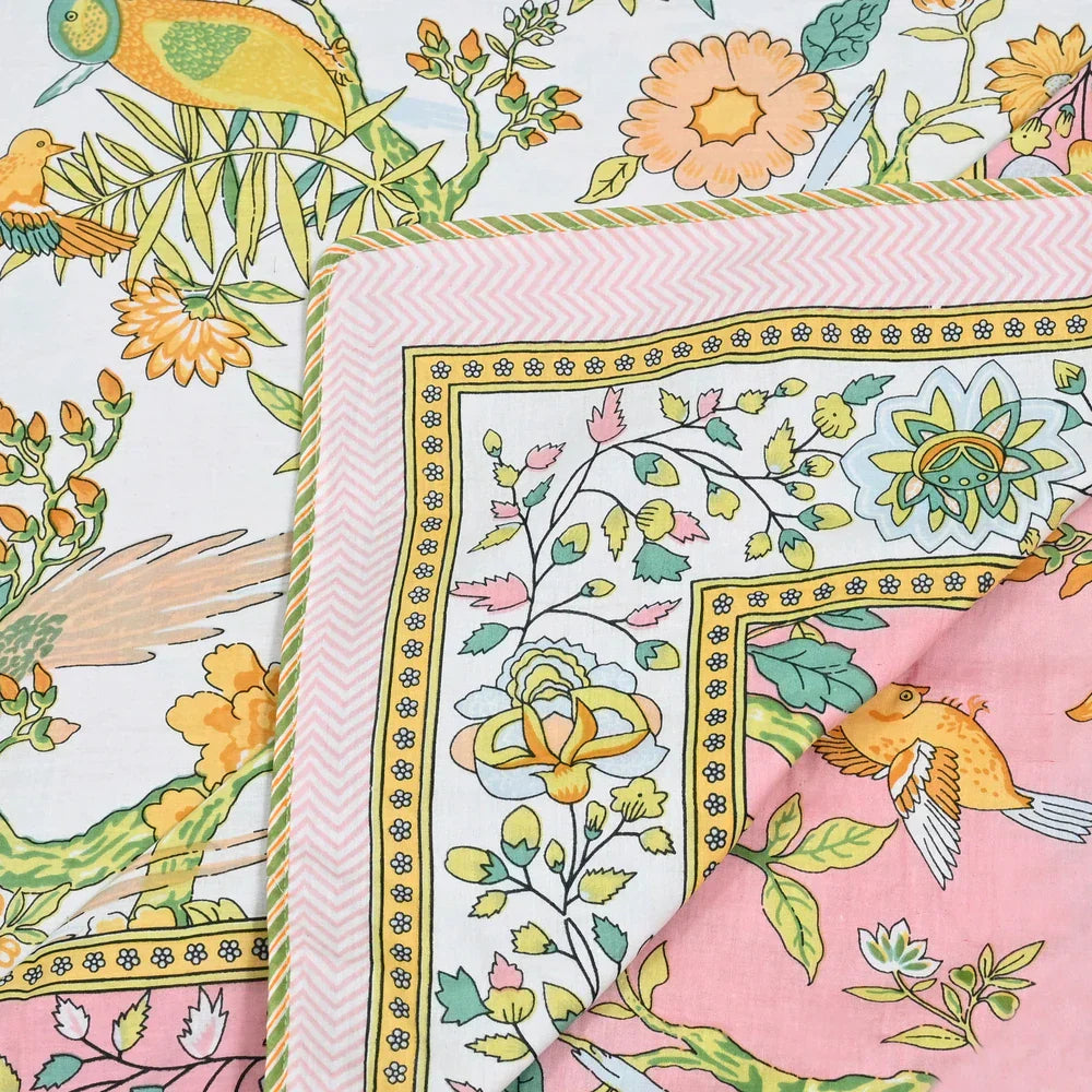 All Season Jaipuri Blanket | 100% Cotton | Block Print | Single Bed  – Yellow Birds Floral (63X90 Inches)