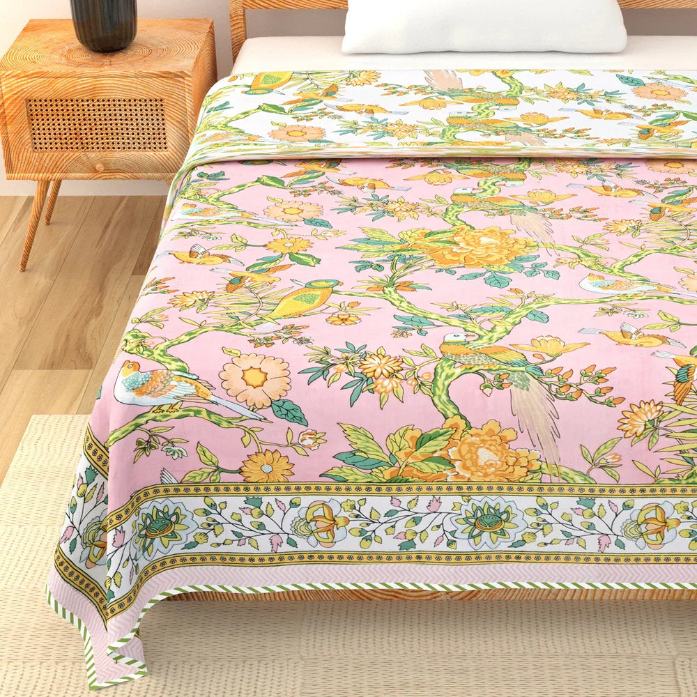 All Season Jaipuri Blanket | 100% Cotton | Block Print | Single Bed  – Yellow Birds Floral (63X90 Inches)