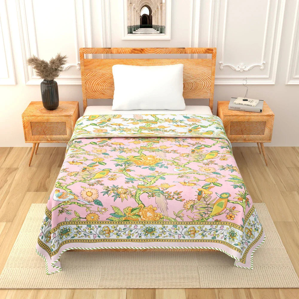 All Season Jaipuri Blanket | 100% Cotton | Block Print | Single Bed  – Yellow Birds Floral (63X90 Inches)