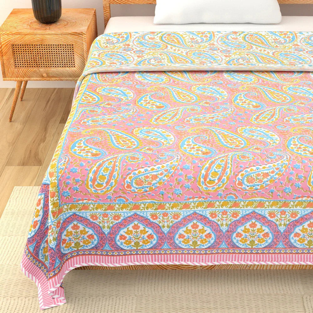 All Season Jaipuri Blanket | 100% Cotton | Block Print | Single Bed  –  Pink Mughal Jaal (63X90 Inches)