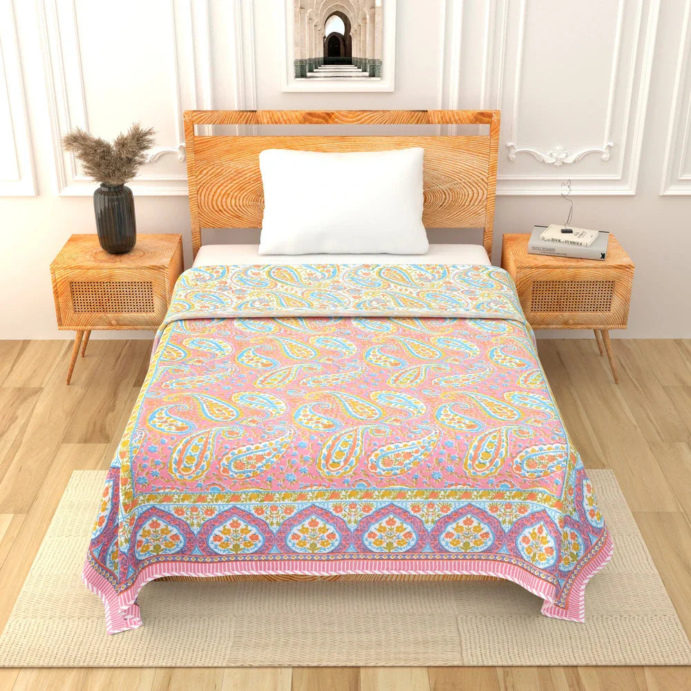 All Season Jaipuri Blanket | 100% Cotton | Block Print | Single Bed  –  Pink Mughal Jaal (63X90 Inches)