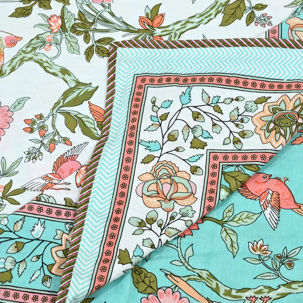 All Season Jaipuri Blanket | 100% Cotton | Block Print | Single Bed – Birds & Floral Motifs (63X90 Inches)