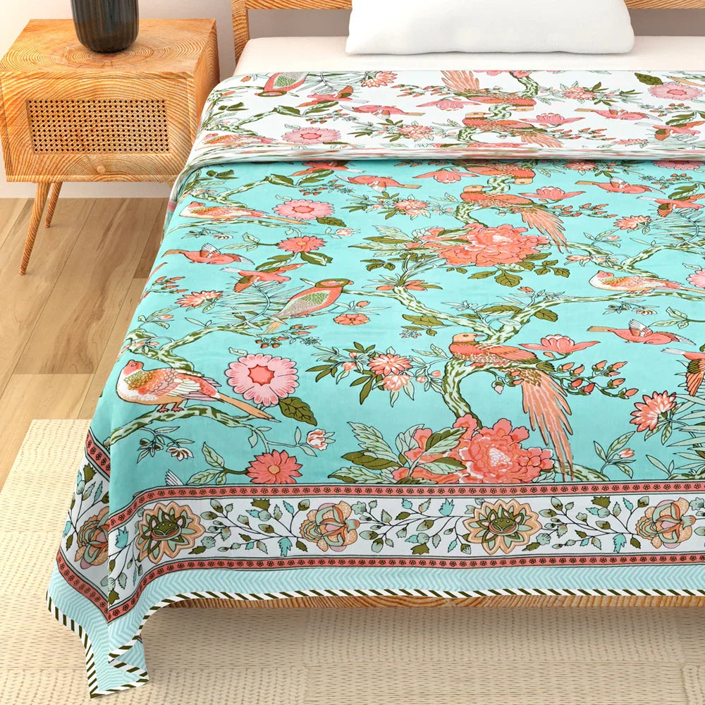 All Season Jaipuri Blanket | 100% Cotton | Block Print | Single Bed – Birds & Floral Motifs (63X90 Inches)