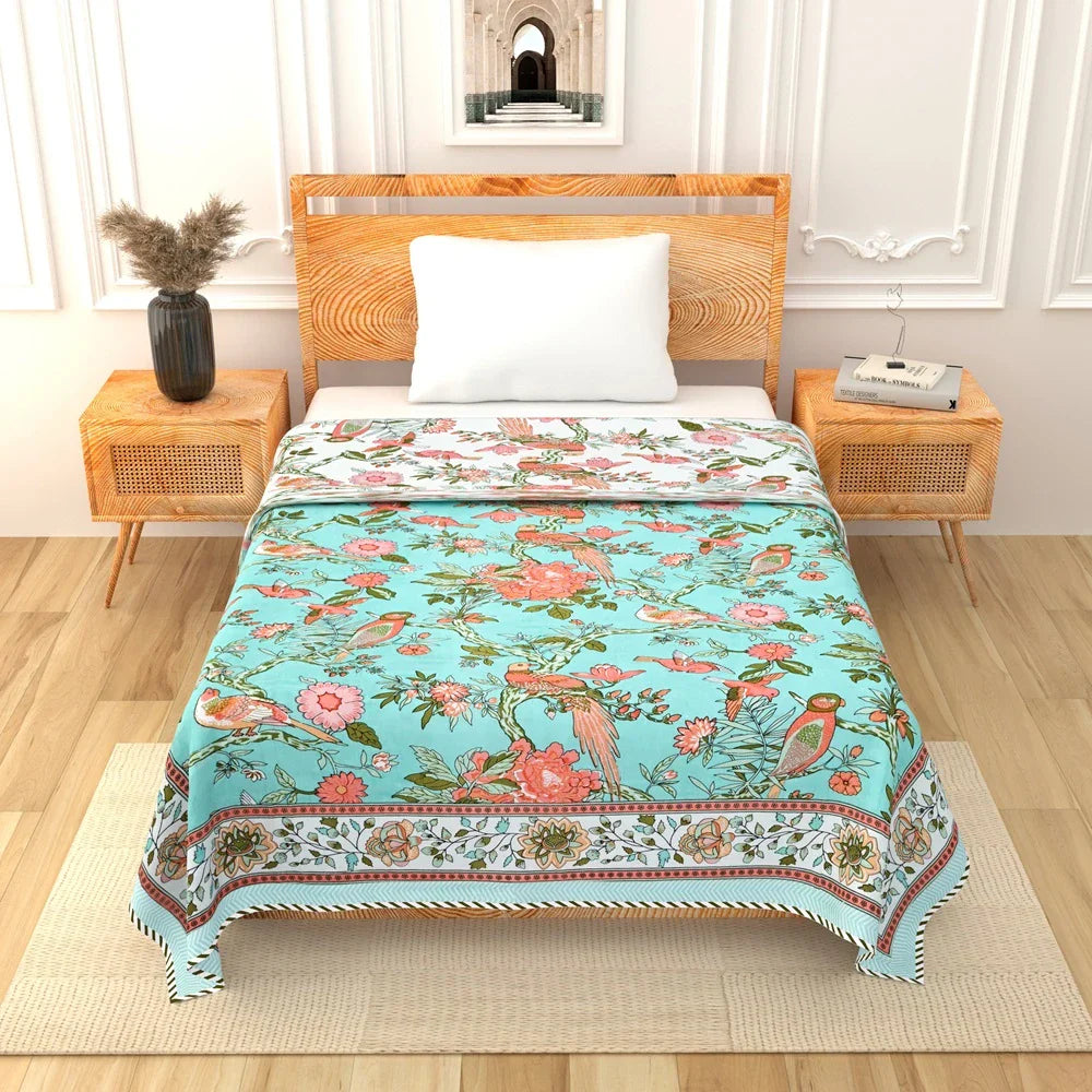 All Season Jaipuri Blanket | 100% Cotton | Block Print | Single Bed – Birds & Floral Motifs (63X90 Inches)