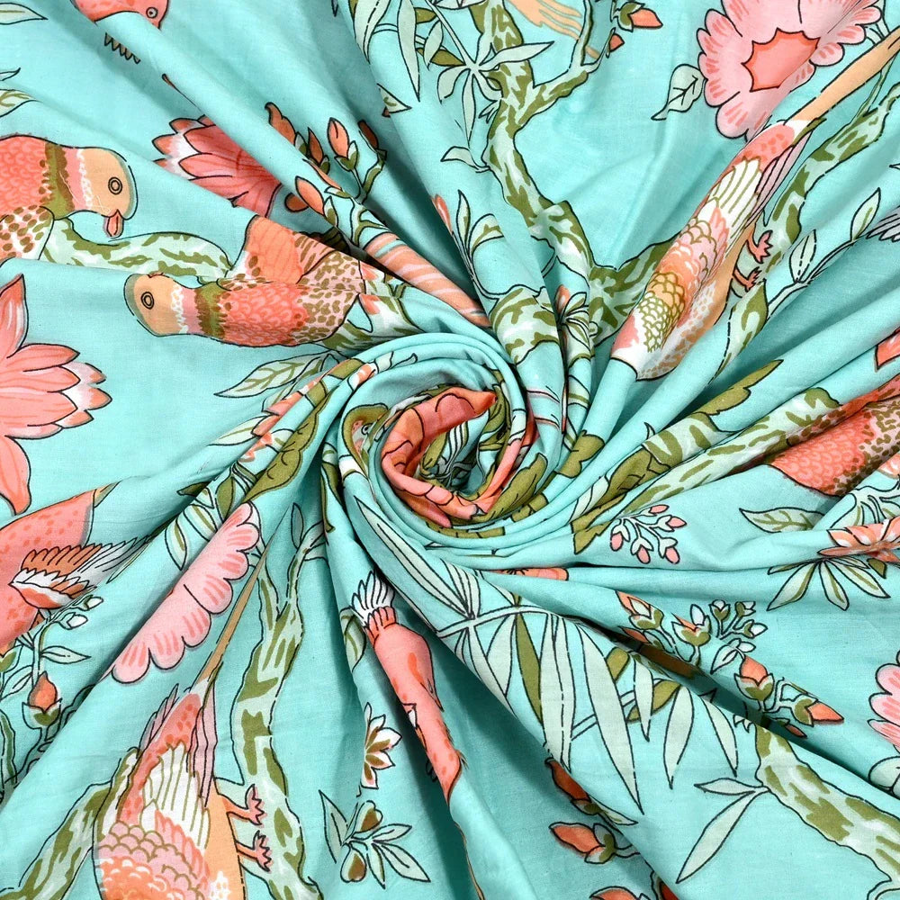 All Season Jaipuri Blanket | 100% Cotton | Block Print | Single Bed – Birds & Floral Motifs (63X90 Inches)