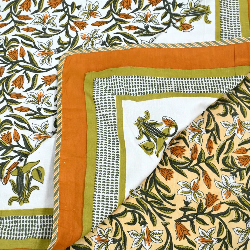 All Season Jaipuri Blanket | 100% Cotton | Block Print | Single Bed – Yellow Floral Buta (63X90 Inches)