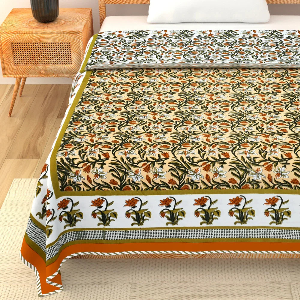 All Season Jaipuri Blanket | 100% Cotton | Block Print | Single Bed – Yellow Floral Buta (63X90 Inches)